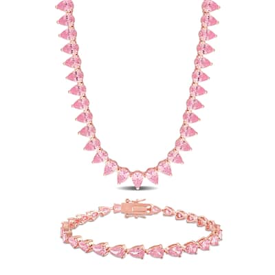 Miadora 58ct TGW Created Pink Sapphire Tennis Necklace Bracelet 2-Piece Set Rose Silver