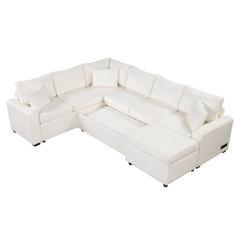 112.2" Chenille Sectional Sleeper Sofa with Storage & USB