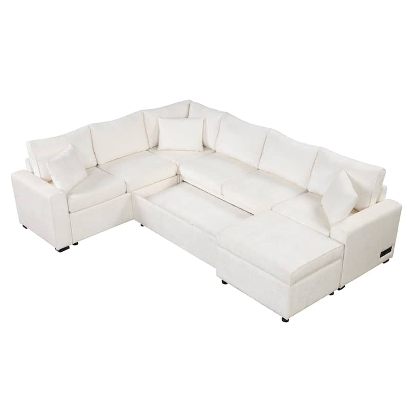 112.2" Sectional Sofa, Pull-out Sofa Bed Sleeper with Storage Ottoman,3 Pillows