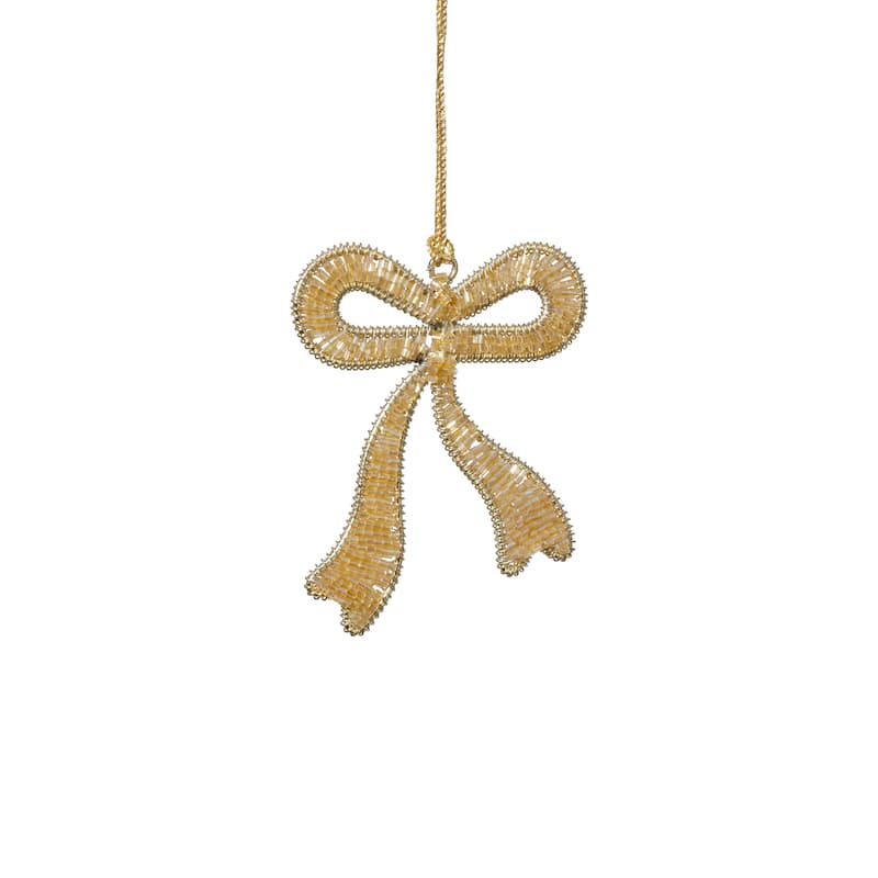 Holiday Decorative Beaded Gold Bow Hanging Ornaments, 12 Pieces (6 Sets of 2)
