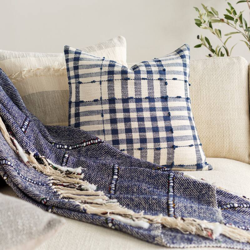 Summer Plaid Farmhouse Cottage Throw Pillow - 20"H x 20"W - Down