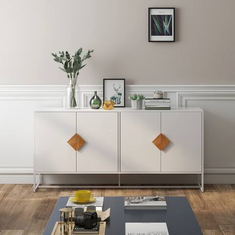 Solid Wood Special Shape Square Handle Design with 4 Doors and Double Storage Sideboard - N/A