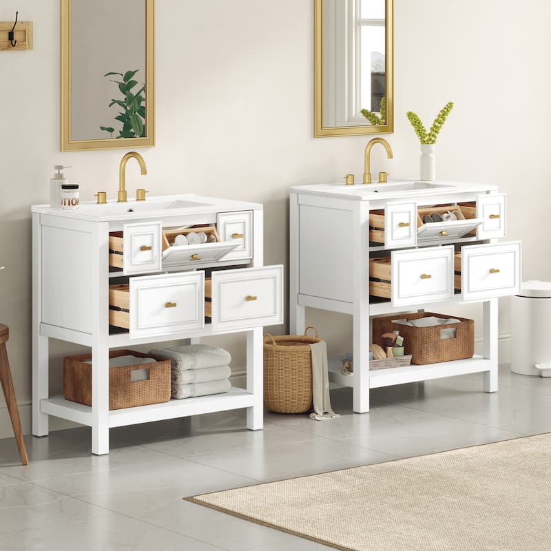 2-Piece Bathroom Vanity Set, 60" Bathroom Vanity Set with Ceramic Sink (Separate), Solid Wood Frame Bathroom Storage Cabinet