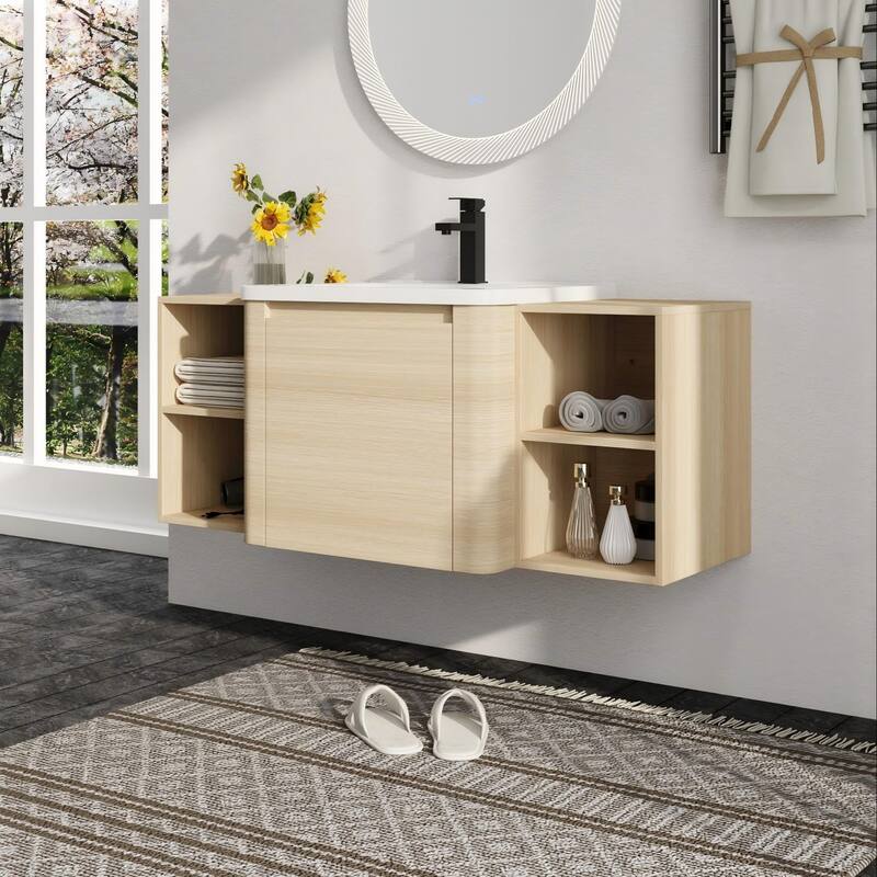 Malwee 24"/36"/48"/60" Floating Bathroom Vanity, Wall Mounted Bathroom Vanity with Ceramic Sink,Soft Close Door and Shelf