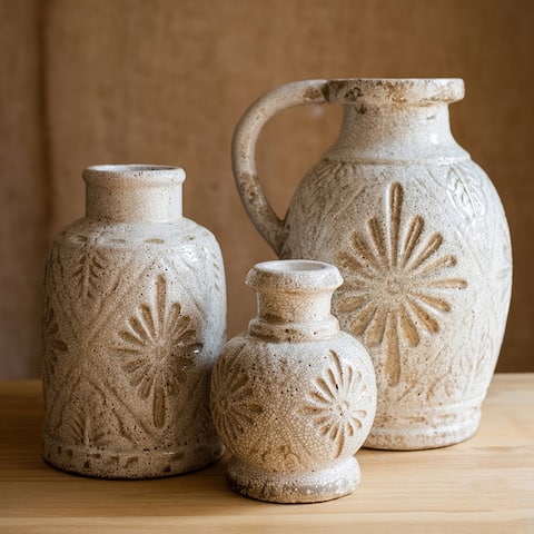 RusticReach Carved Floral Vase in White