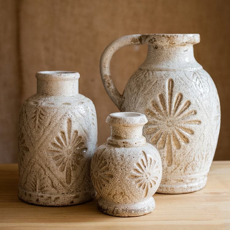 RusticReach Carved Floral Vase in White