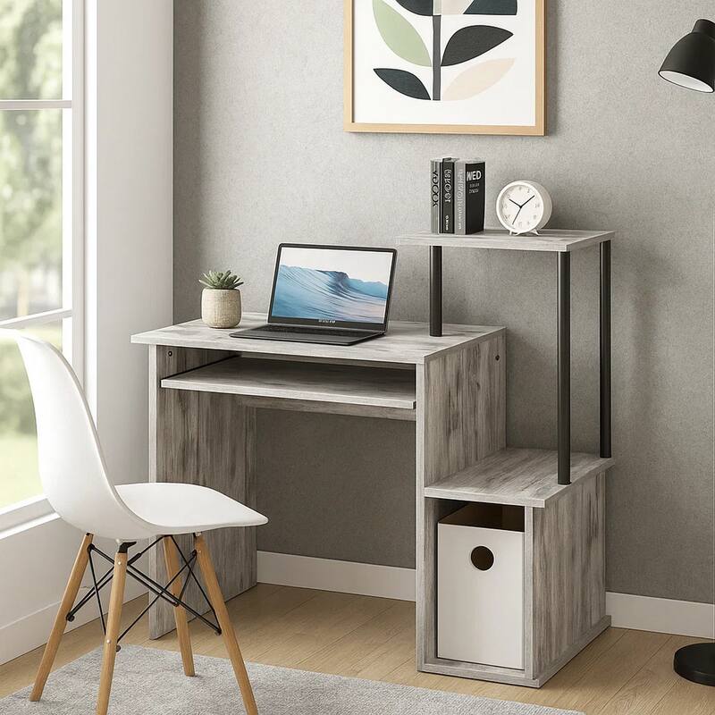 Computer Desk with Built In Bookshelf, Antique White and Black, Antique White and Black