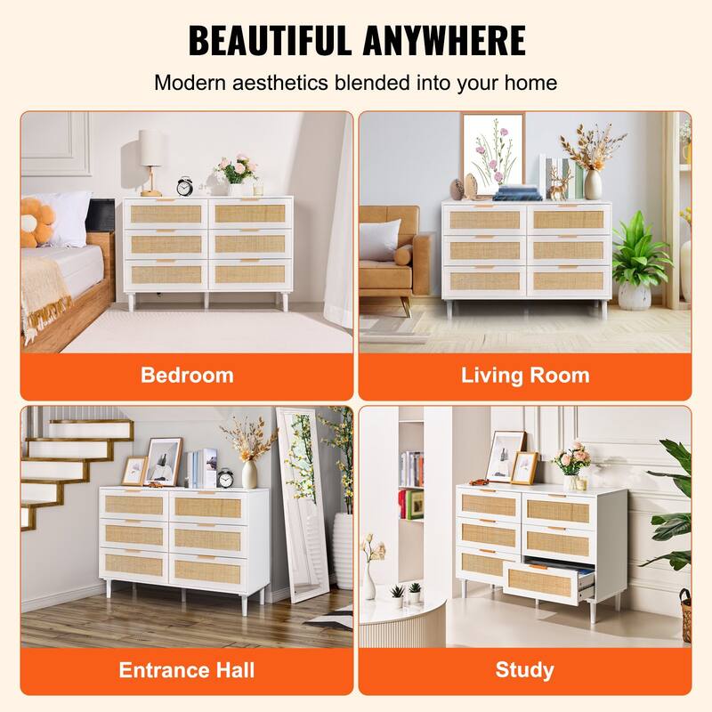 6 Drawer Rattan Dresser with sturdy Wooden Frame and Large Storage Space Suitable for Any Room