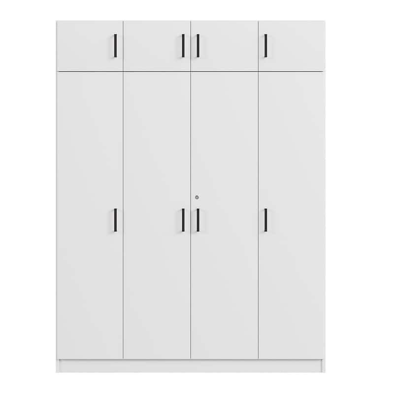 Modern Bedroom Wardrobe with 4 Doors and Top Cabinet, Freestanding Armoire Closet with Hanging Rod, 1 Drawer and Storage Shelves