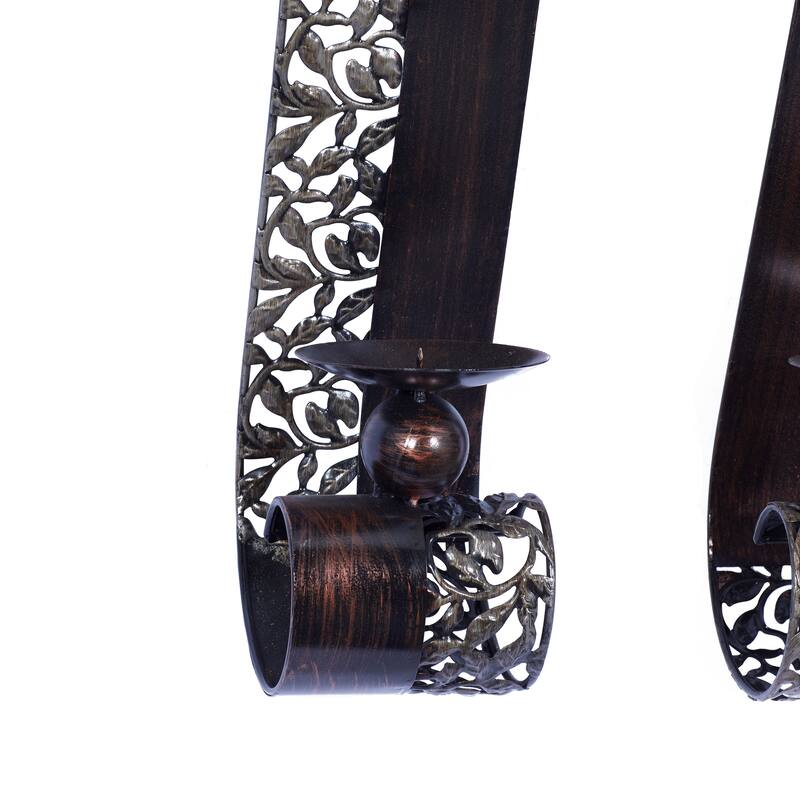 Brown Metal Cutout Leaf Wall Sconce with Scrolled Edges (Set of 2) - S/2 21"H, 4"W
