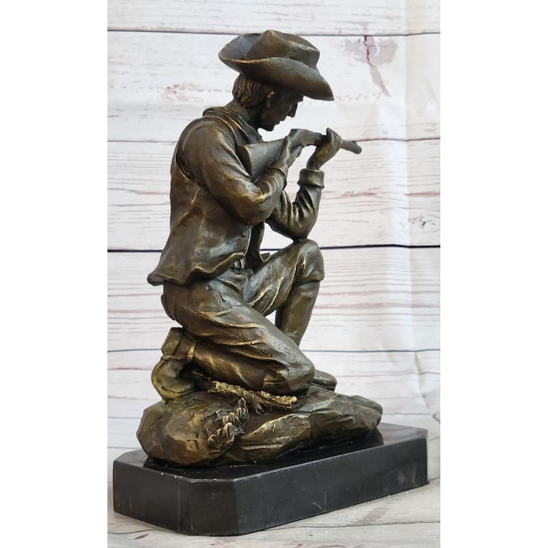 Bronze Figure Of A Kneeling Ranger With Rifle Cowboy Theme Sculpture Statue 11 Inches X 8 Inches