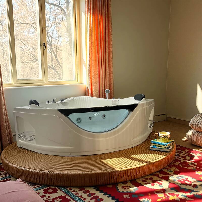 59" Corner Whirlpool Bathtub for 2-Person, Luxury Jetted Spa Tub