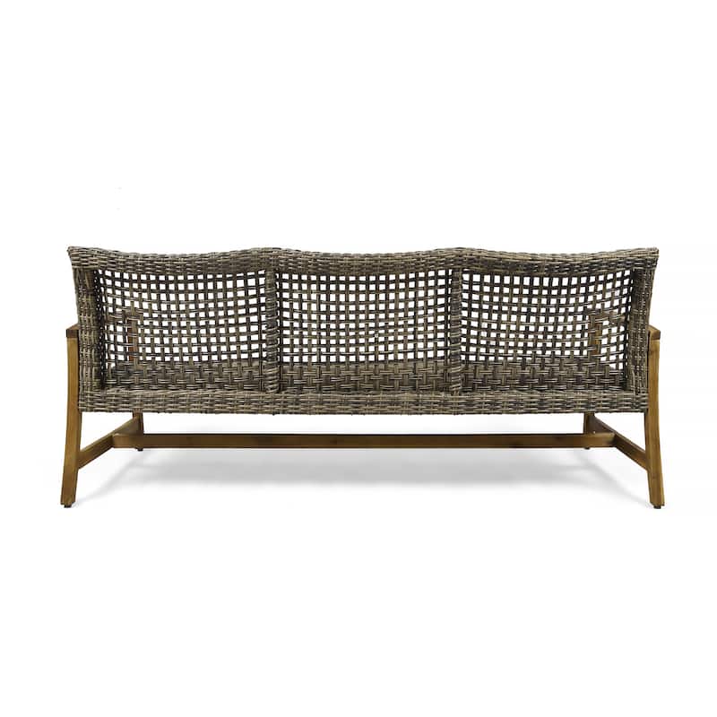 Outdoor Rattan Loveseat Sofa Acacia Wood 3 Seater Couch