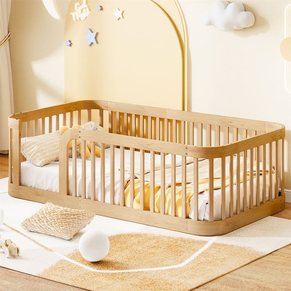 slide 2 of 18, Twin Size Floor Bed Toddler Bed with Fence Guardrails, Wooden Montessori Bed Playhouse Bed Natural
