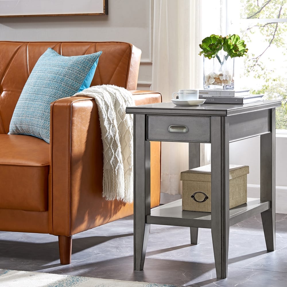 Laurent Narrow Solid Wood Side End Table with Shelf