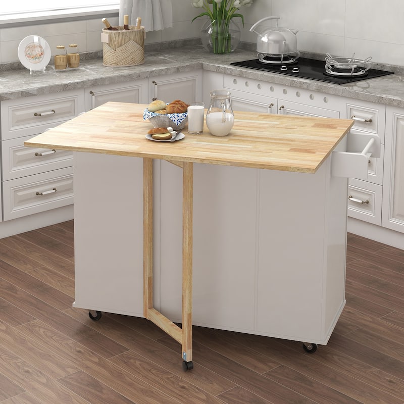 Kitchen Island with Extensible Wood Table Top, Mobile Island Cart on Locking Wheels, Portable Island Cart with 3 Drawers & Door