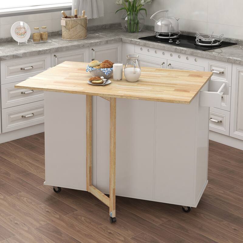 Rolling Multifunctional Kitchen Island with Spice Rack, Towel Rack and Extensible Solid Wood Table, 3 Drawers and Cabinet