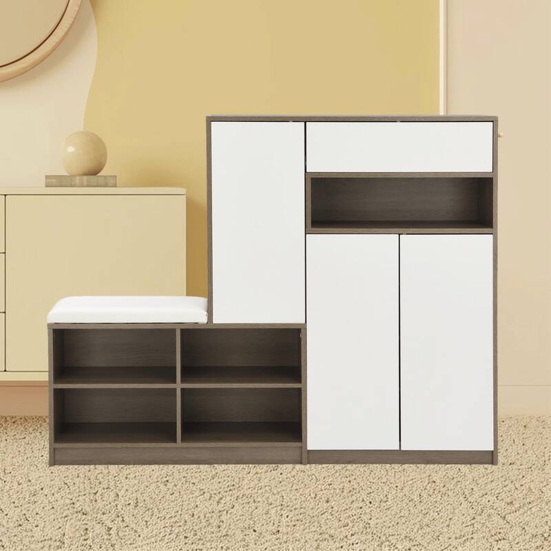Multi-functional Shoe Rack with Cushion Seat, Adjustable Shelves for up to 20 Pairs of Shoes, Stylish Shoe Storage Bench - White