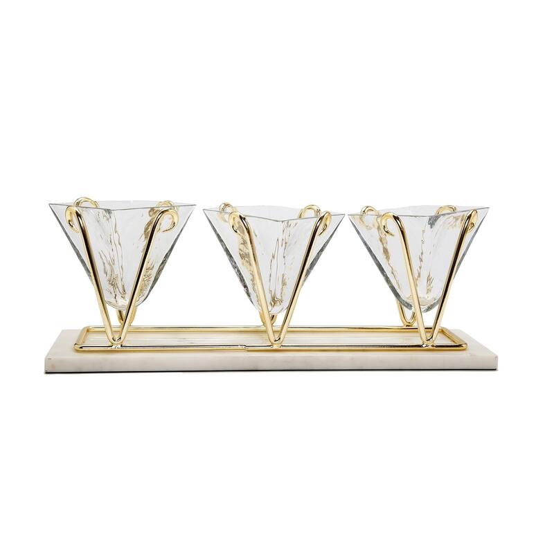 3 Sectional Glass Relish Dish on Marble Base with Gold Brass