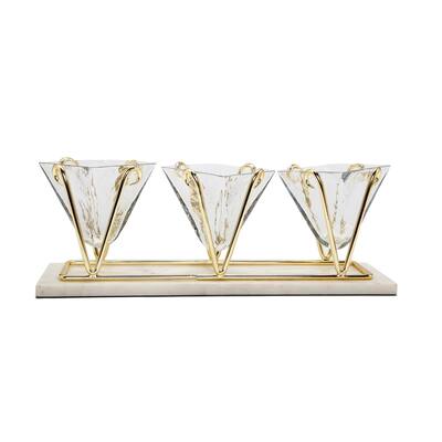 3 Sectional Glass Relish Dish on Marble Base with Gold Brass