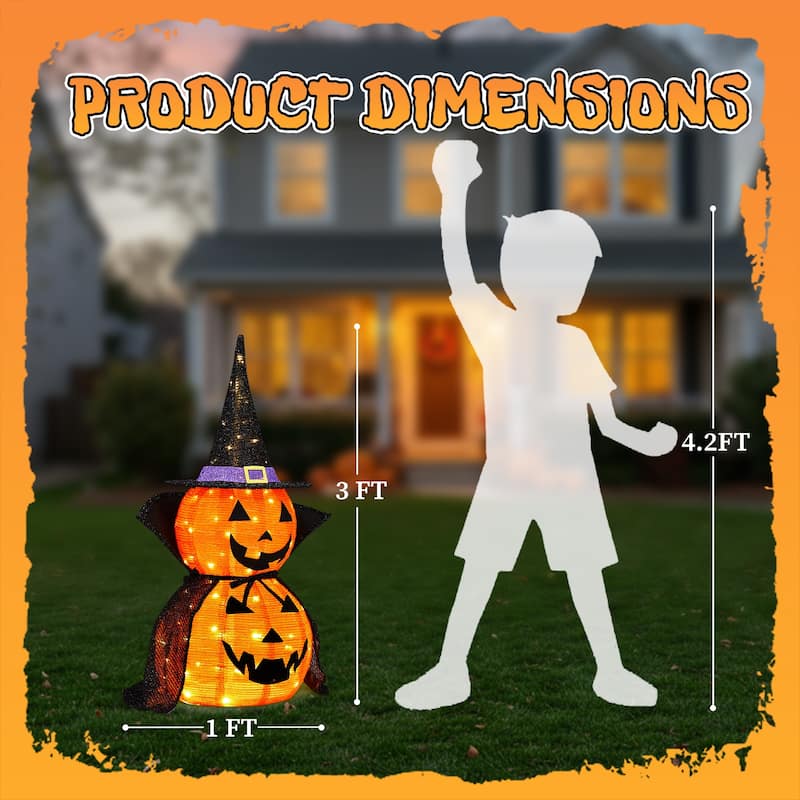 2-Pack 3 Feet Halloween Pumpkin Decorations with 176 Warm LED Lights for Indoor or Outdoor Use - 12"Dia x 36"H
