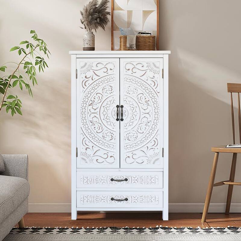 Tall Tower Accent Cabinet with Carved Doors, Multi-Functional Wood Buffet Cabinet, Storage Cabinet with 2 Doors & 2 Drawers