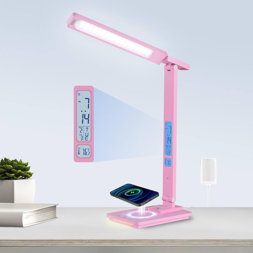 LED Desk Lamp Wireless Charger: Pink Office Table Lamps with USB Port, Reading Lamp for Home with Clock Alarm Temperature