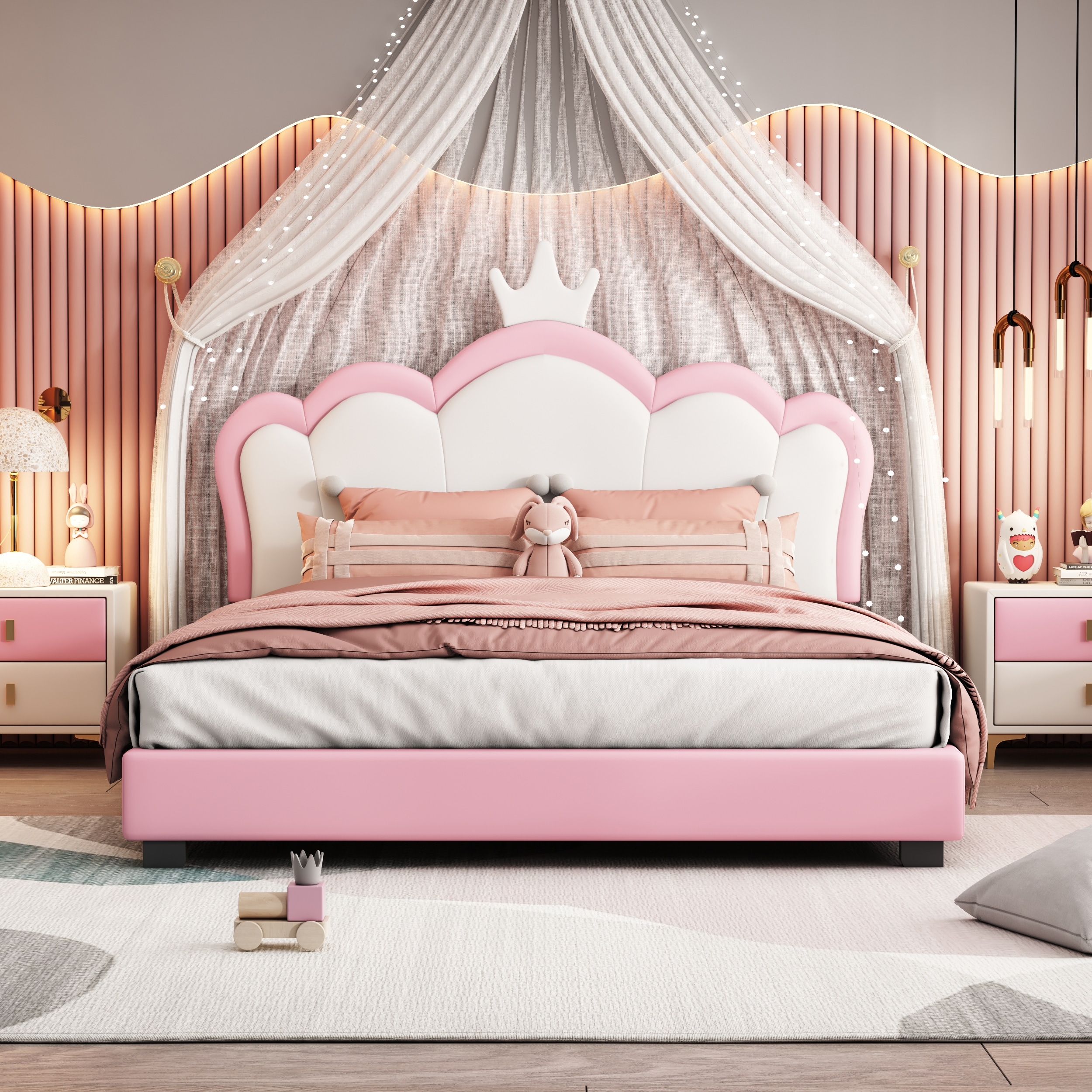 Fairytale Full size Upholstered Princess Bed for Kids Girls Pink