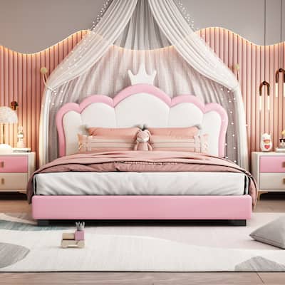 Full size Upholstered Princess Bed With Crown Headboard,Full Size Platform Bed with Headboard and Footboard, Cream+Pink