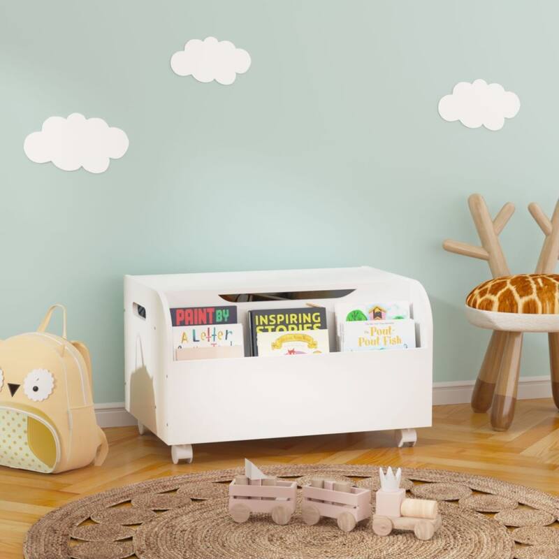 White Wooden Toy Box with 4 Universal Wheels and Front Bookshelf Flip
