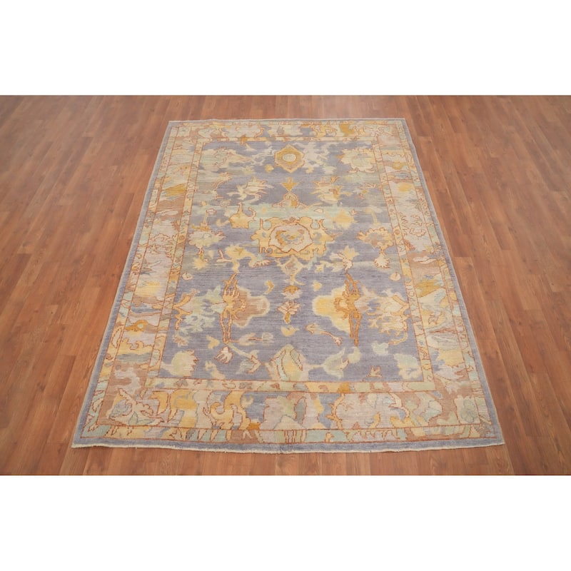 Hand Knotted Oriental 100% Wool Carpet Transitional Floral Purples Oushak Area Rug - 6' 10'' X 5' 1''
