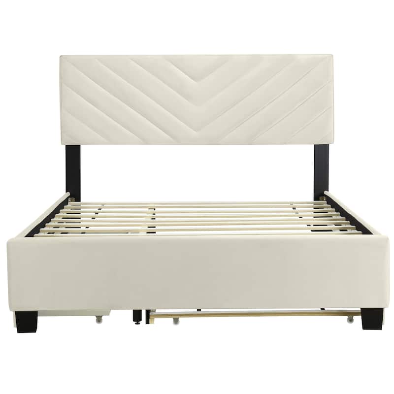 HomeRoots Beige Tufted Upholstered Queen Bed Frame With Trundle And Drawers