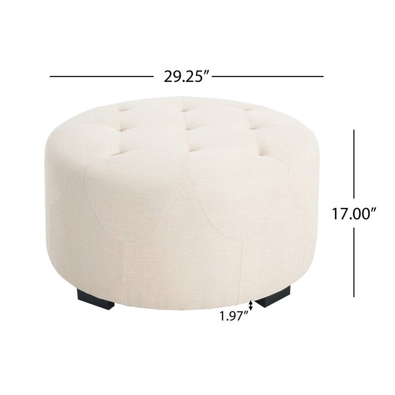 Round Upholstered Ottoman with Button Tufted Top and Wooden Legs