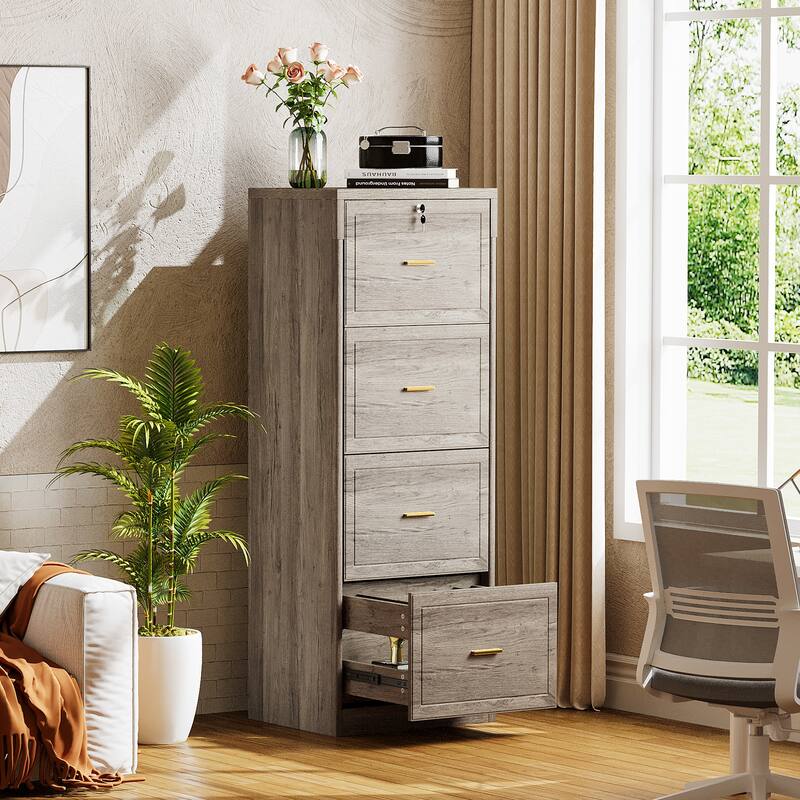 4-Drawer File Cabinet with Lock and Key, Vertical Wooden Filling Cabinet for A4/Letter/Legal Size Files