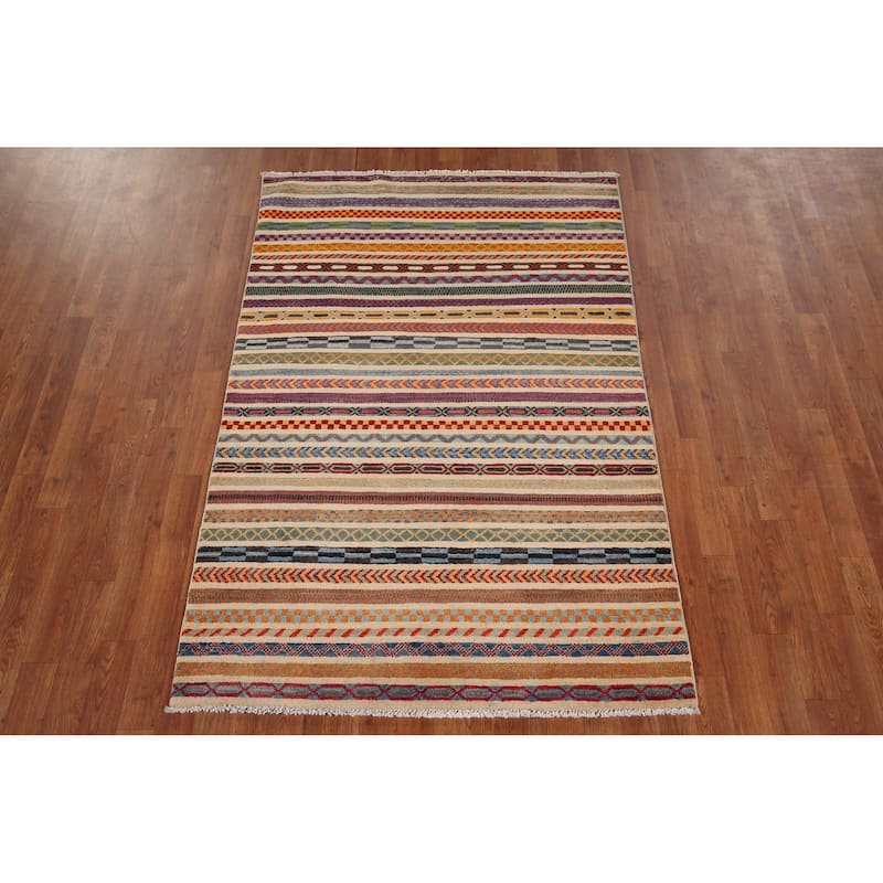All-Over Striped Kazak Oriental Area Rug Hand-Knotted Wool Carpet - 3'11" x 5'11"