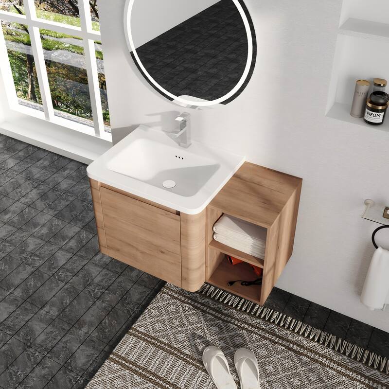 Malwee 24"/36"/48"/60" Floating Bathroom Vanity, Wall Mounted Bathroom Vanity with Ceramic Sink,Soft Close Door and Shelf