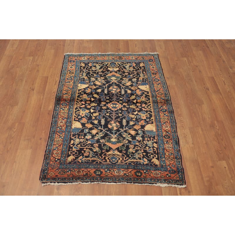 Hand Knotted Oriental 100% Wool Carpet Traditional Floral Navy Blue & Blues Malayer Area Rug - 3' 10'' X 2' 9''