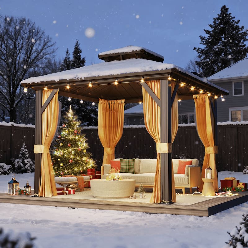 Erommy Hardtop Gazebo with Galvanized Steel Double Roof & Aluminum Frame, Outdoor Gazebo with Curtains and Nettings