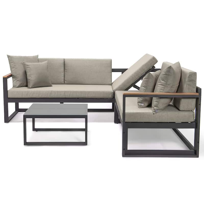 Chelsea 3-Piece Adjustable Headrest All-Weather Sectional Set in Aluminum Frame with Removable Cushion Covers for Indoor/Outdoor