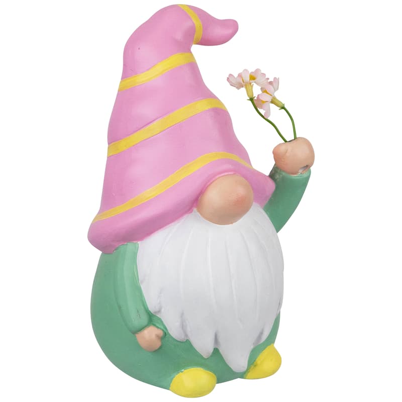 Gnome Holding Flowers Spring Figurine - 8" - Pink and Green