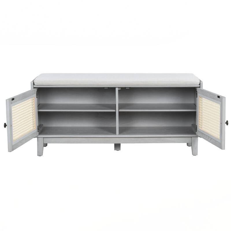Rattan Entryway Bench with Storage, Cushioned Shoe Bench with Double Doors