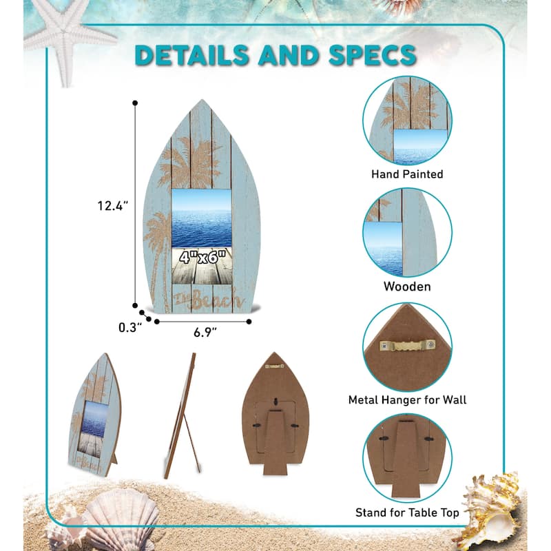 CoTa Global Aqua Blue Distressed Wood Palm Boat 4X6 Photo Frame - 12.4 Inches