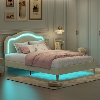 Beige Upholstered Platform Bed with Curve LED Headboard, Full Size