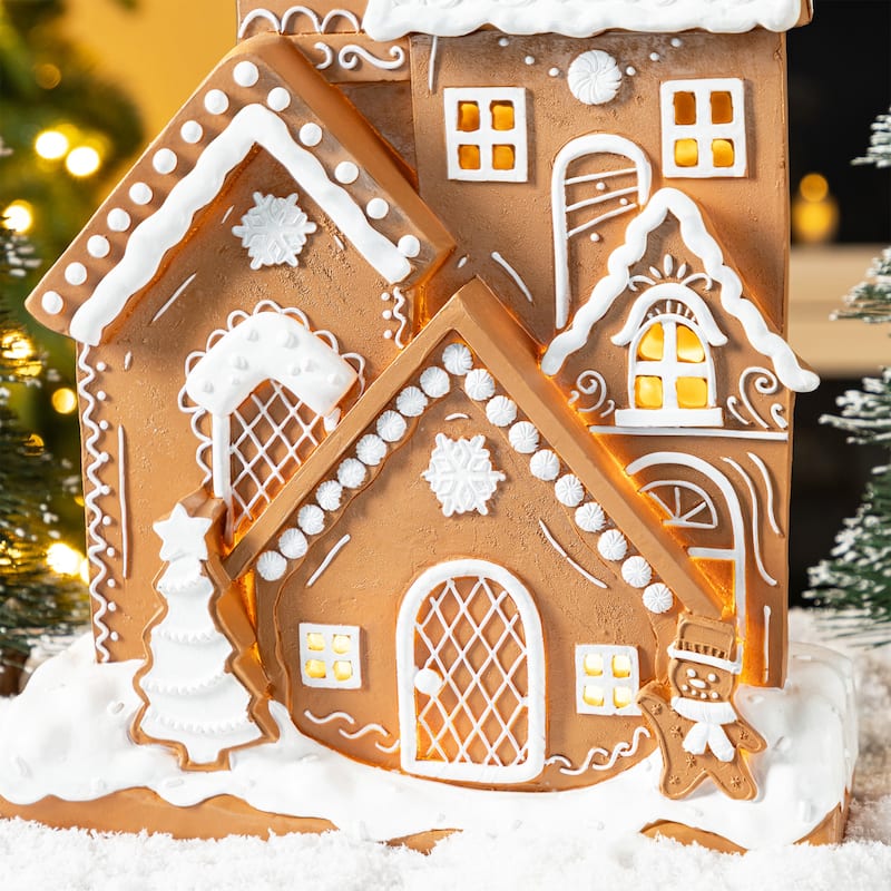 Glitzhome Lighted Christmas Gingerbread House Resin Village Xmas Table Decor Collectible Figurines