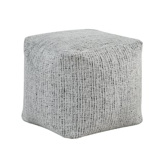 Modern Pouf Ottoman, Black White Textured Chenille, 16 Inch Square