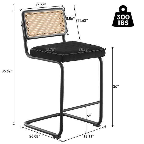 dimension image slide 12 of 15, Velvet Upholstered Rattan Counter/Bar Stools, Set of 2/3