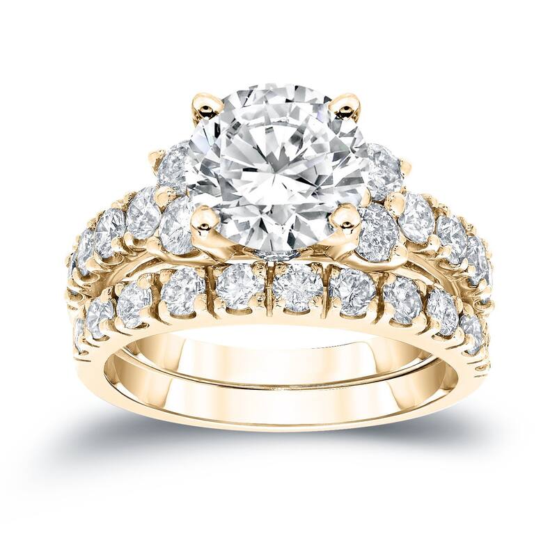 Auriya 3 1/2ctw Round Diamond Engagement Ring Set 14k Gold Certified - Yellow - 4