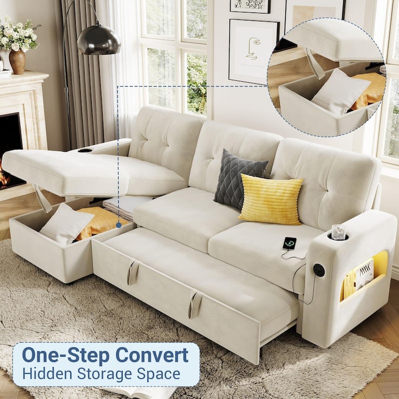 84 Inch Sleeper Sofa Couch, L-Shaped Sofa, Convertible Pull Out Sofa Bed with Storage, Charging Station, Led Lights