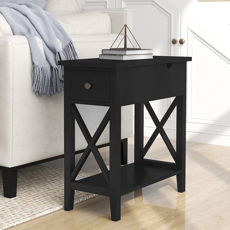 2-Drawer End Table, Flip Top Narrow End Table with Drawer, Accent Small Side Table Nightstand for Small Space - Black