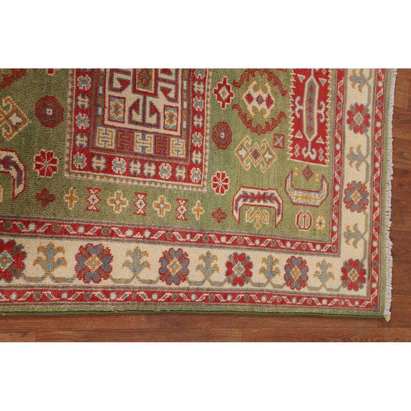 Light Green Geometric Kazak Accent Rug Handmade Wool Carpet - 3'4" x 4'7"